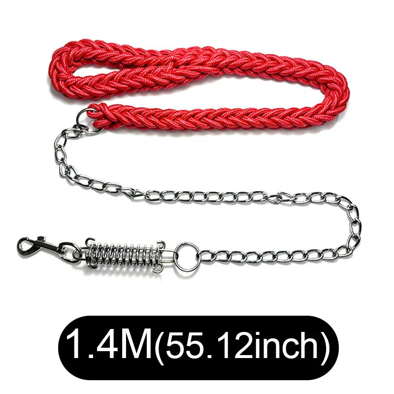 A red braided rope dog leash with a silver metal chain, spring, and clasp, displayed on a white background with a black text label at the bottom indicating its length as 1.4M (55.