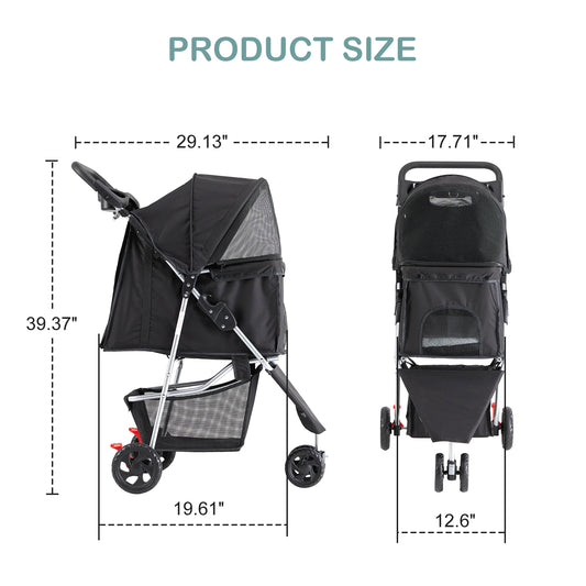 3 Wheels Foldable Stroller with Mesh Windows Basket Cup Holder