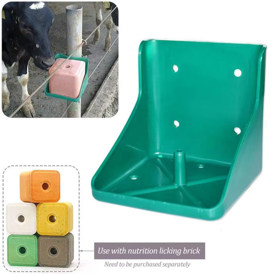Green plastic wall-mounted livestock watering trough attachment shown on a white background, with a small inset photo of a cow licking a pink block attached to the trough and a note indicating it uses a separate nutrition licking brick.