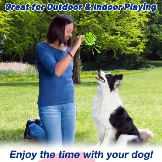 Woman playing with a dog using a green frisbee in a park setting.