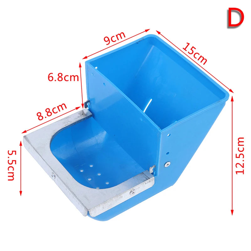 Blue plastic container with dimensions marked on a white background