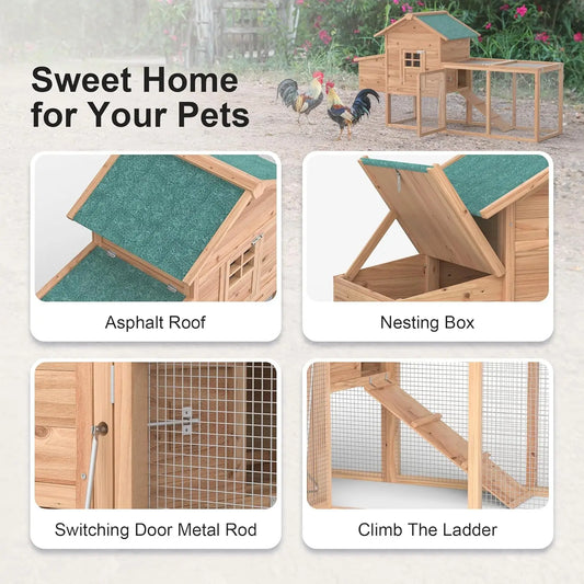 Wooden pet coop with features highlighted on a white background