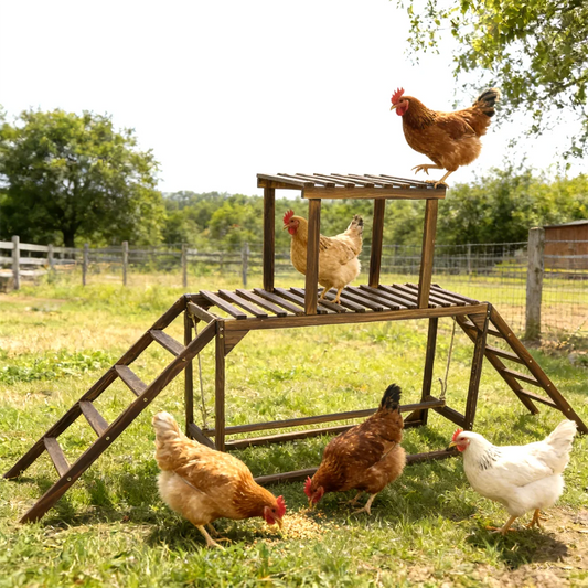Hens on a wooden chicken coop with a ladder in an outdoor setting
