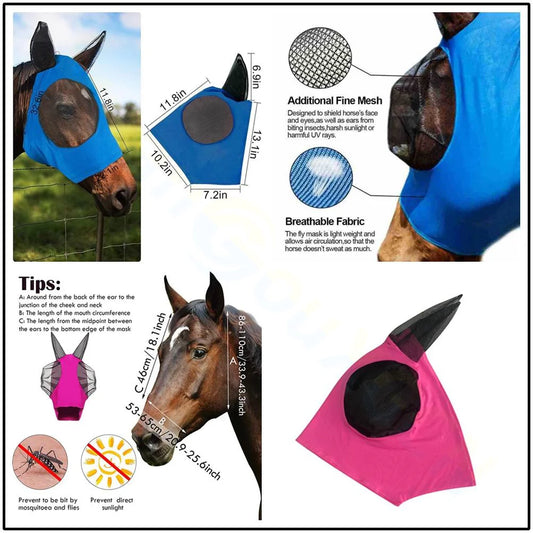 A product information collage for a horse fly mask. The image shows multiple views and close-ups of the mask on a horse and standalone, including dimensions, tips for fitting, a mesh detail callout, and a breathable fabric callout.