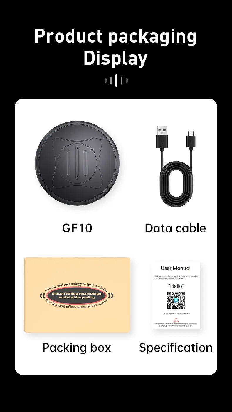 Product packaging display with GF10 device, data cable, packing box, and user manual on a white background.