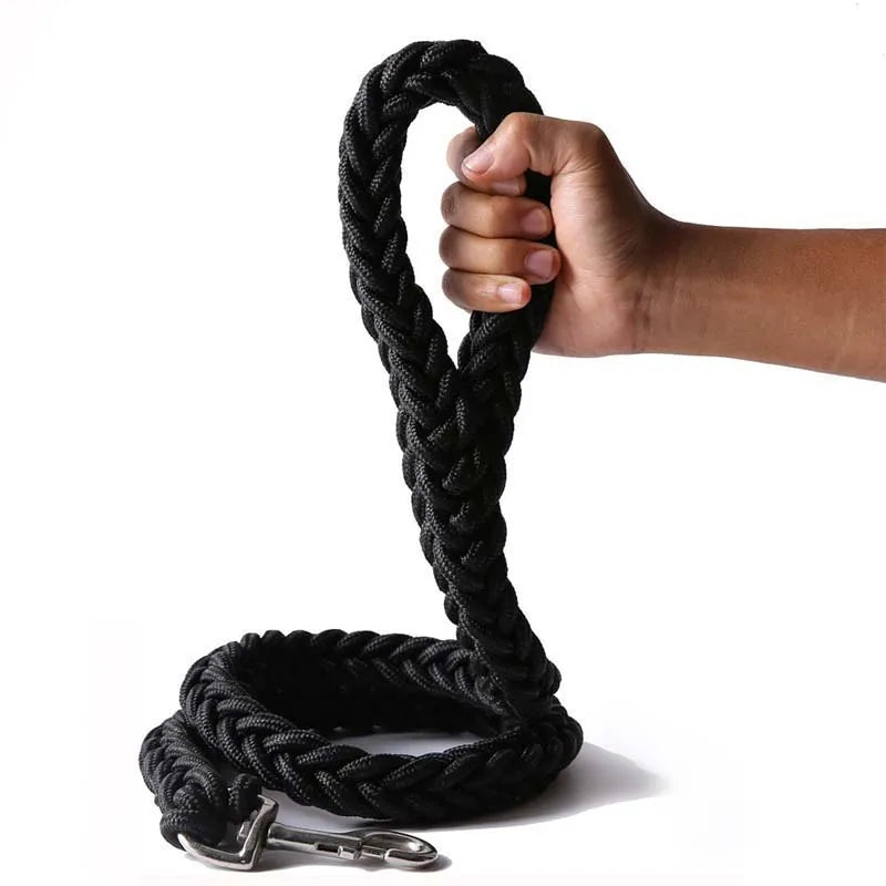 Black braided rope leash held by a hand on a white background