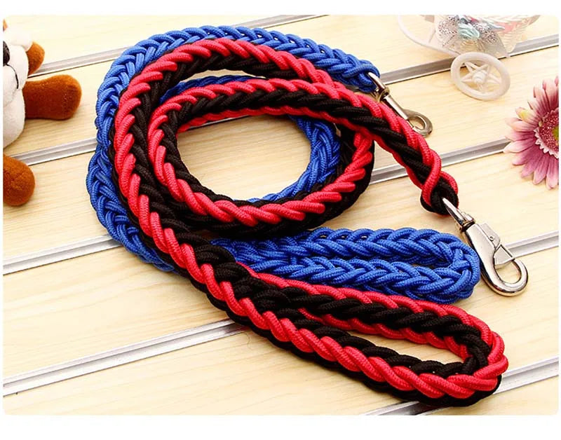 Red and blue braided dog leash on a wooden surface with a blurred background