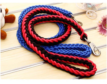 Red and blue braided dog leash on a wooden surface with a blurred background