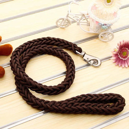 Brown braided dog leash on a light wooden surface with decorative elements.