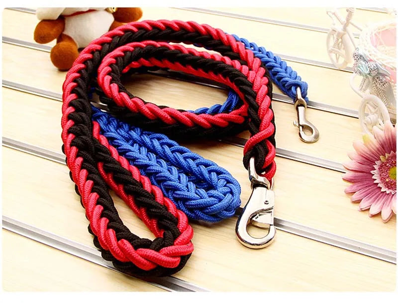 Red, black, and blue braided dog leash on a light wooden surface with a flower and toy in the background.