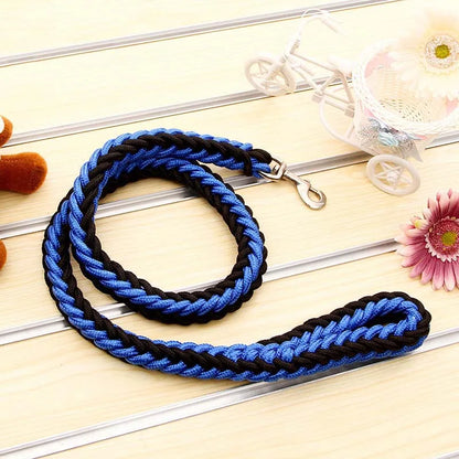 Blue and black braided leash on a light wooden surface with a flower in the background