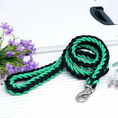 Green and black braided dog leash with a metal clip on a white background with purple flowers.