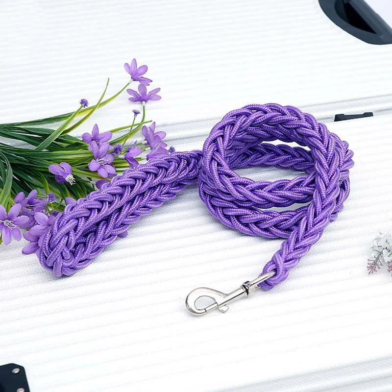 Purple braided dog leash on a white surface with flowers.