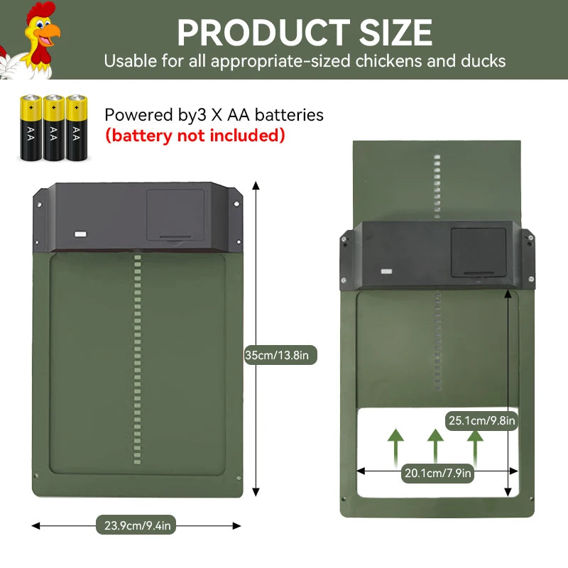 Product size chart for a green electronic device with dimensions and battery information.