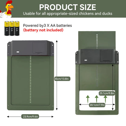 Product size chart for a green electronic device with dimensions and battery information.