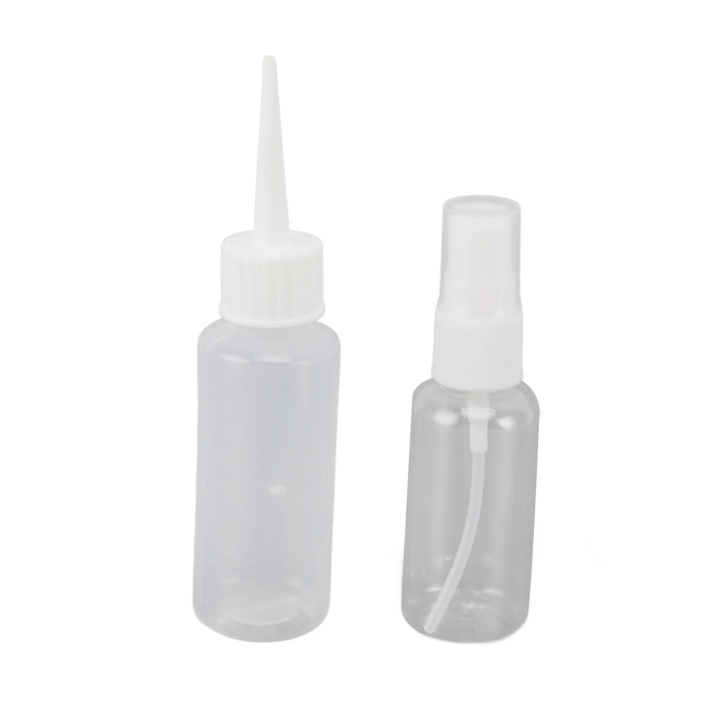 Two clear plastic bottles with white caps on a white background