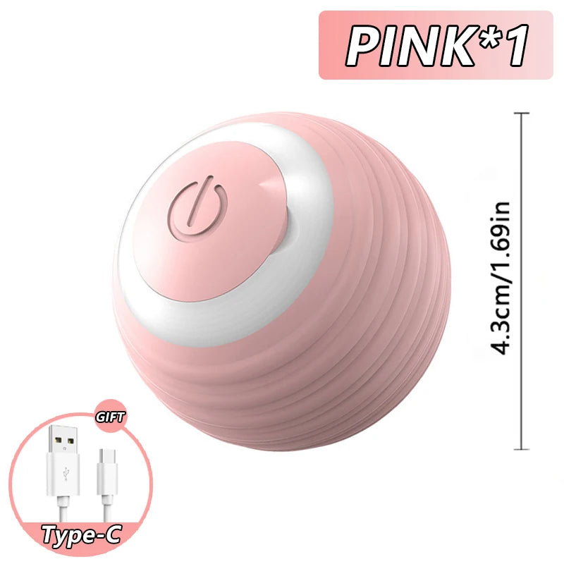 Pink spherical device with power symbol, USB-C cable, and dimensions on a white background