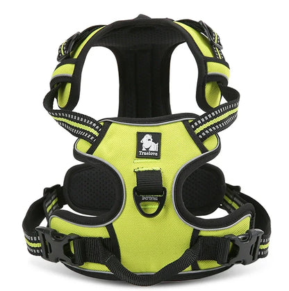 Yellow dog harness with black straps on a white background