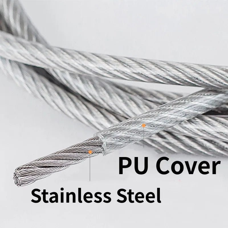 Close-up of a twisted stainless steel cable with a labeled section showing the silver metallic strands and text reading 'PU Cover' and 'Stainless Steel' on a light gray background.