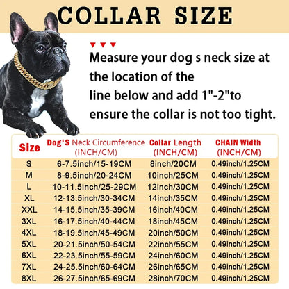 Dog collar size chart with a black dog wearing a gold collar on a beige background
