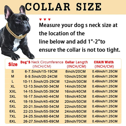 Dog collar size chart with a black dog wearing a gold collar on a beige background