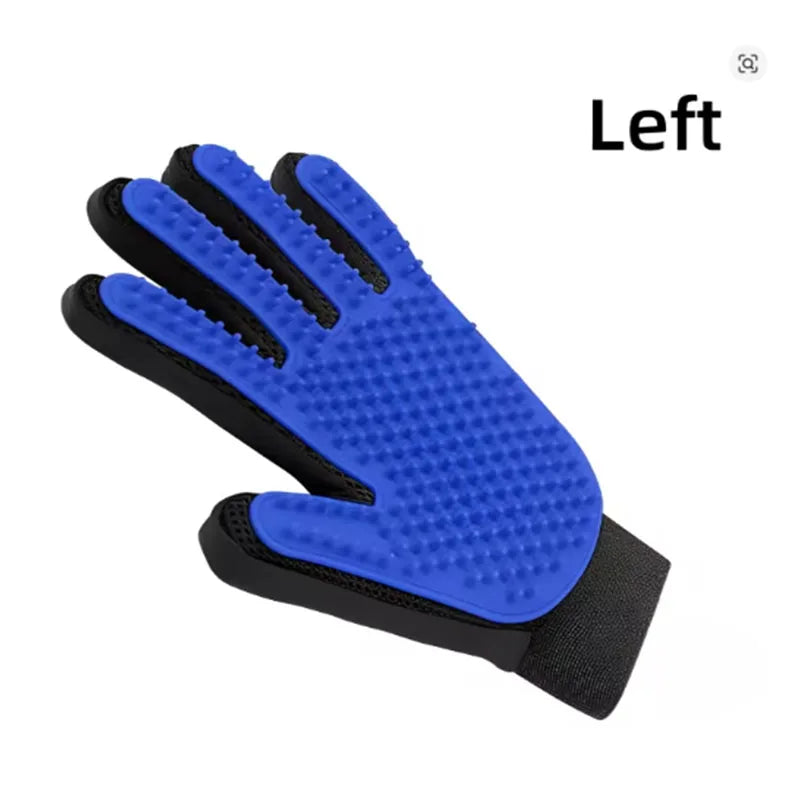 Left hand Blue grooming glove with black accents on a white background