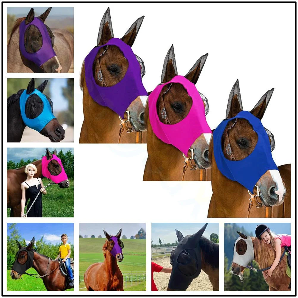 A collage showing multiple horses wearing colorful horse face masks and ear covers in different outdoor settings, plus a woman modeling a bright pink mask. The masks come in purple, blue, pink, and black, and the collage is set against a white background with a thin black border.