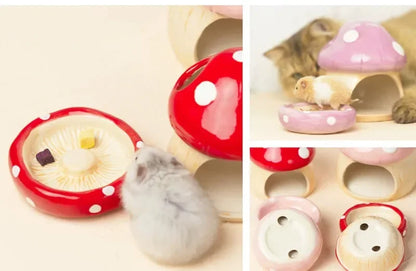 A collage showing a small hamster interacting with mushroom-shaped pet toys and a cat using a mushroom hide in a home setting. The toys include red and pink mushroom-shaped platforms, tunnels, and bowls with white polka dots.