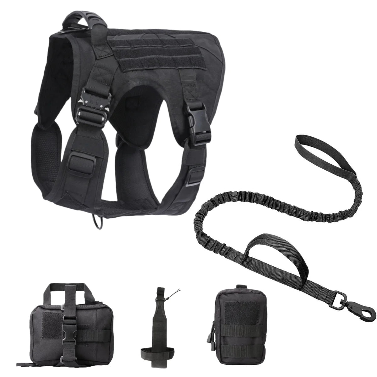 Black tactical dog harness with leash and accessories on a white background