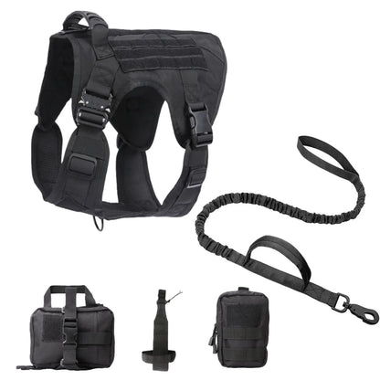 Black tactical dog harness with leash and accessories on a white background