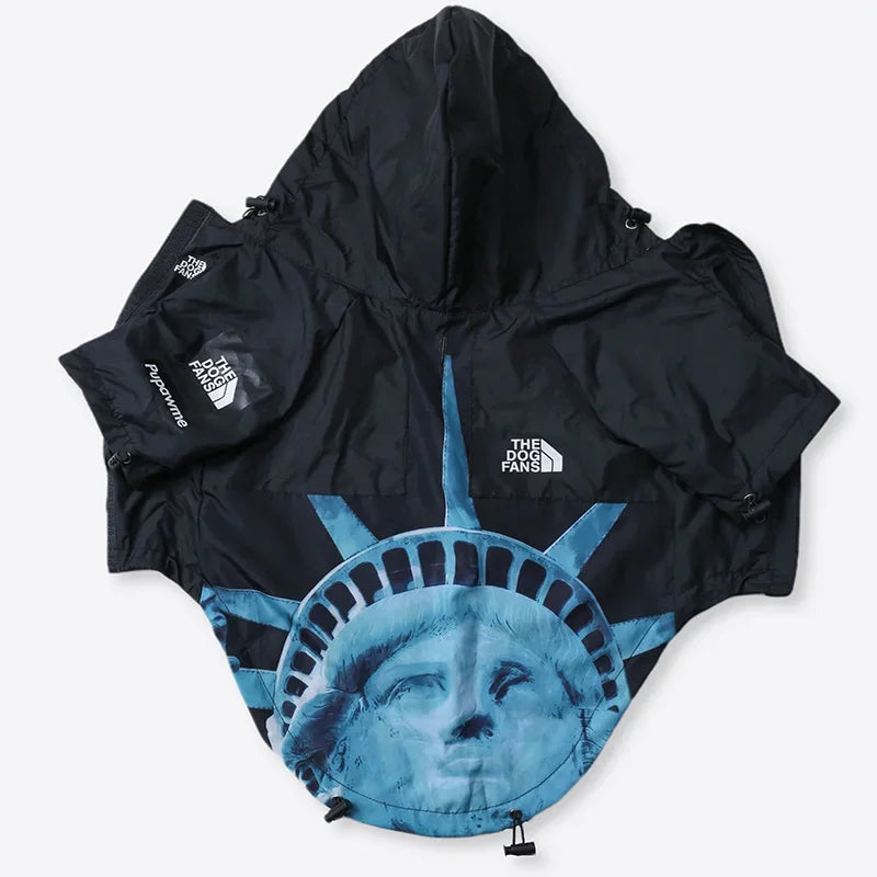 Black jacket with Statue of Liberty design and The North Face logo on a white background