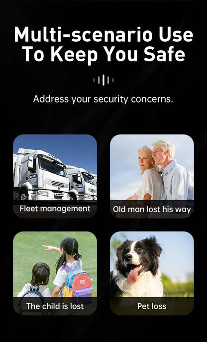 Advertisement for security services with images of a truck, elderly couple, child with backpack, and dog.