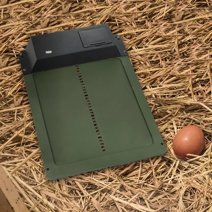 Green egg incubator on straw with a brown egg nearby