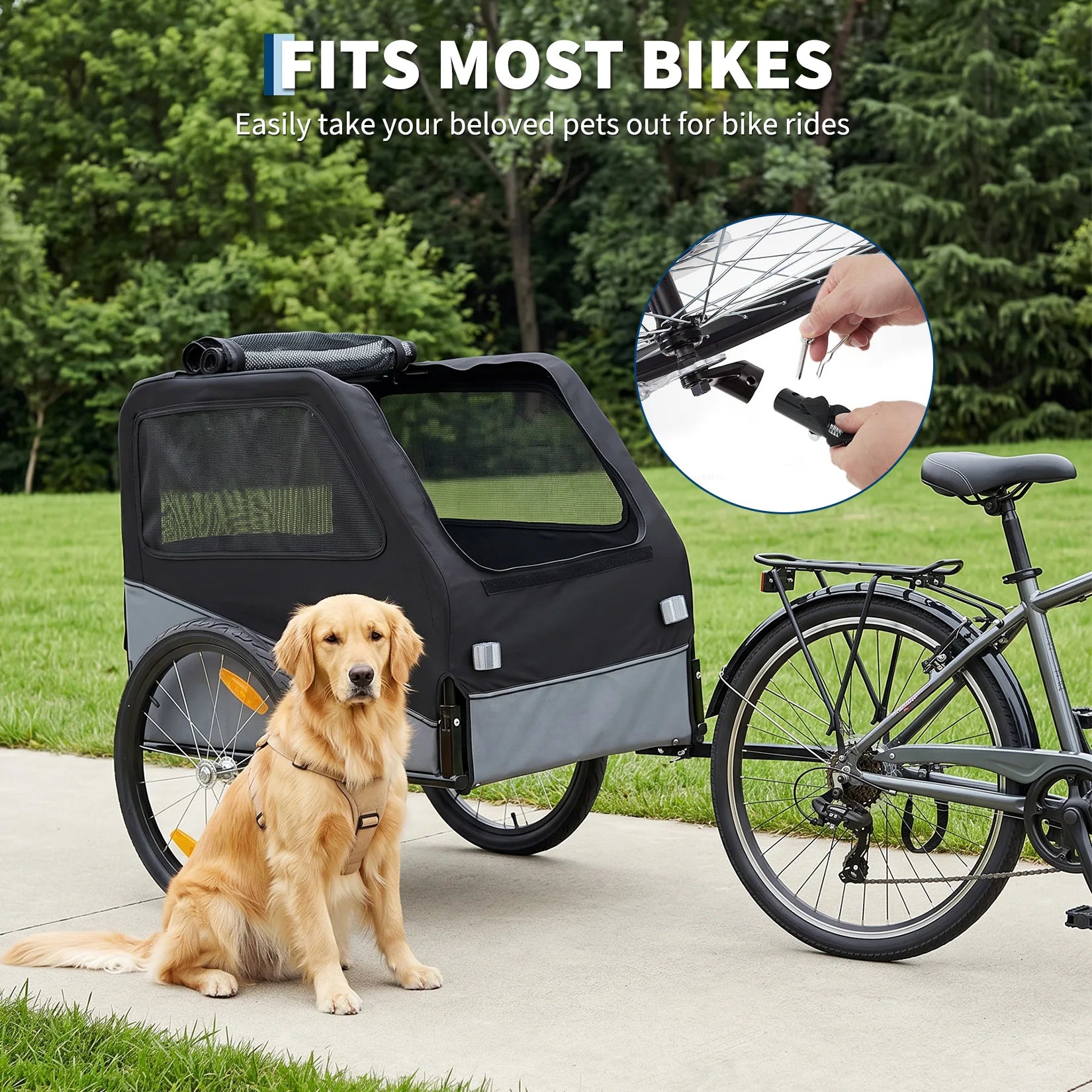A black and gray bicycle cargo pet trailer is shown attached to a bicycle outdoors on a paved path, with a golden retriever sitting beside it. Text at the top reads 'FITS MOST BIKES' and 'Easily take your beloved pets out for bike rides,' with a circular inset showing a hand attaching a leash clip.