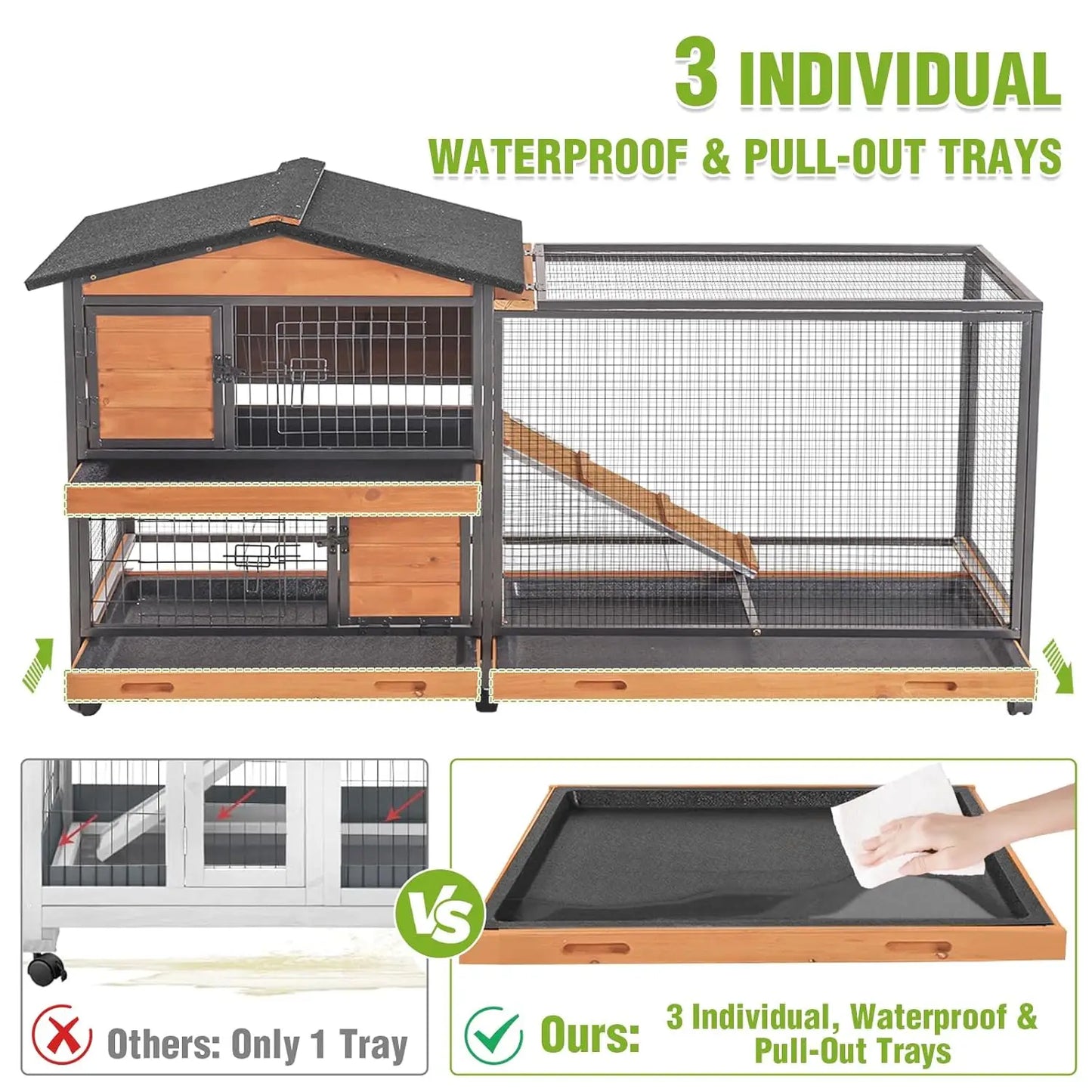 2-Story Rabbit Hutch Full Metal Frame- 62" with 6 locking casters