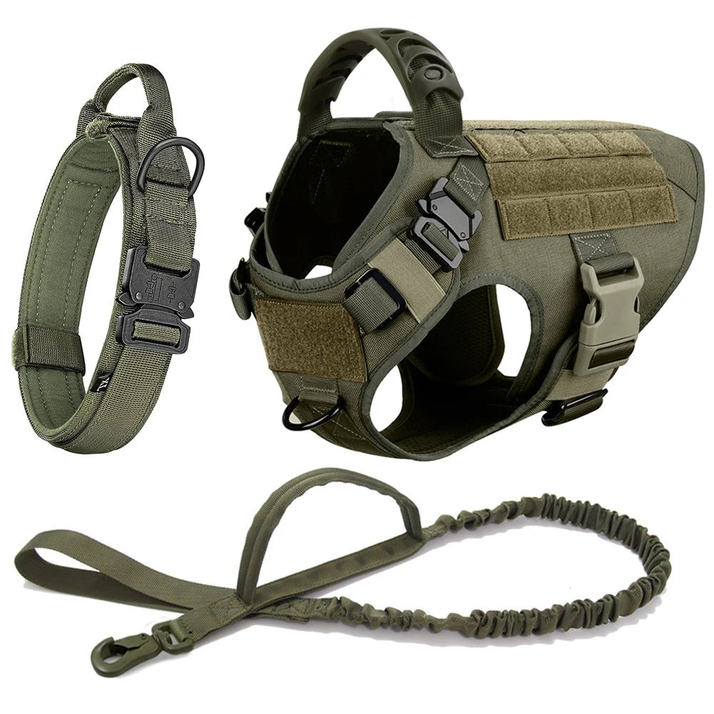 Olive green tactical dog harness with leash on a white background
