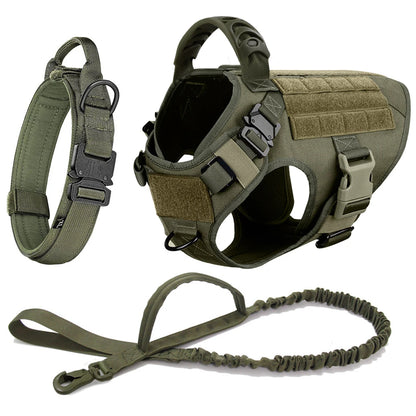 Olive green tactical dog harness with leash on a white background