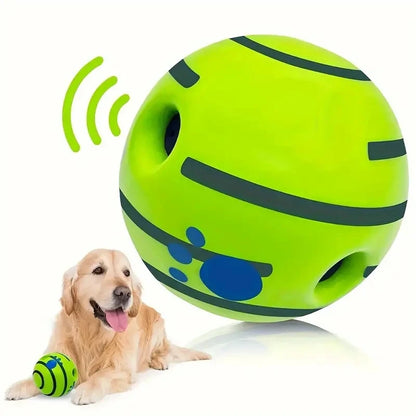 Dog playing with a large green and black ball on a white background