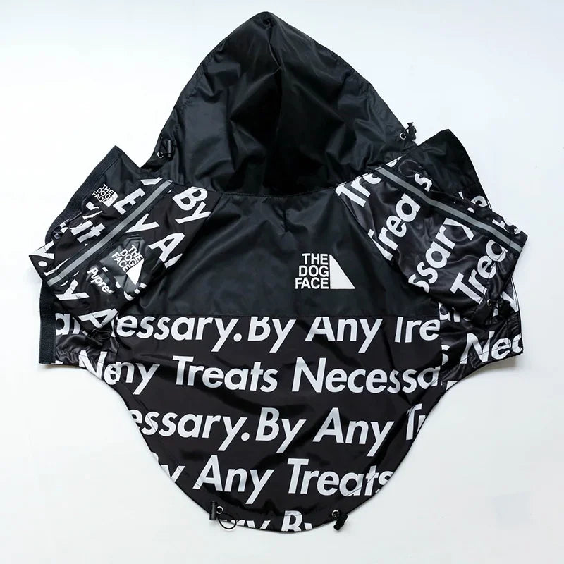 Black jacket with white text and branding on a light gray background