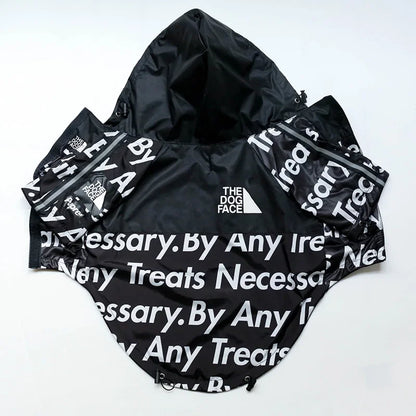 Black jacket with white text and branding on a light gray background
