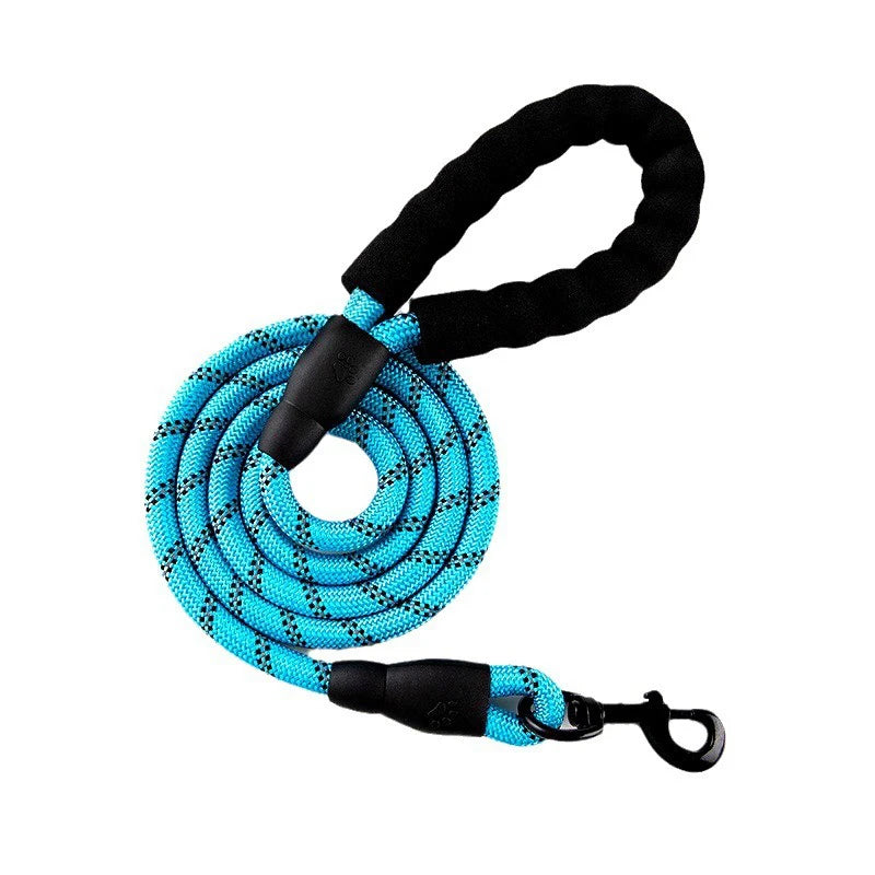 Blue dog leash with black handles on a white background