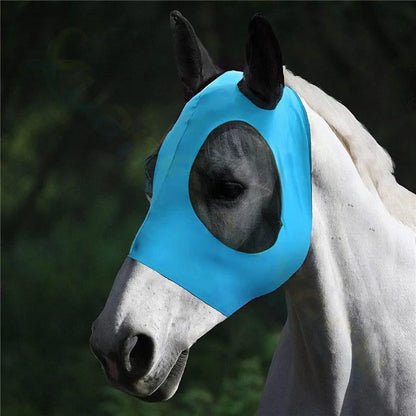 Horse wearing a blue fly mask with a blurred green background