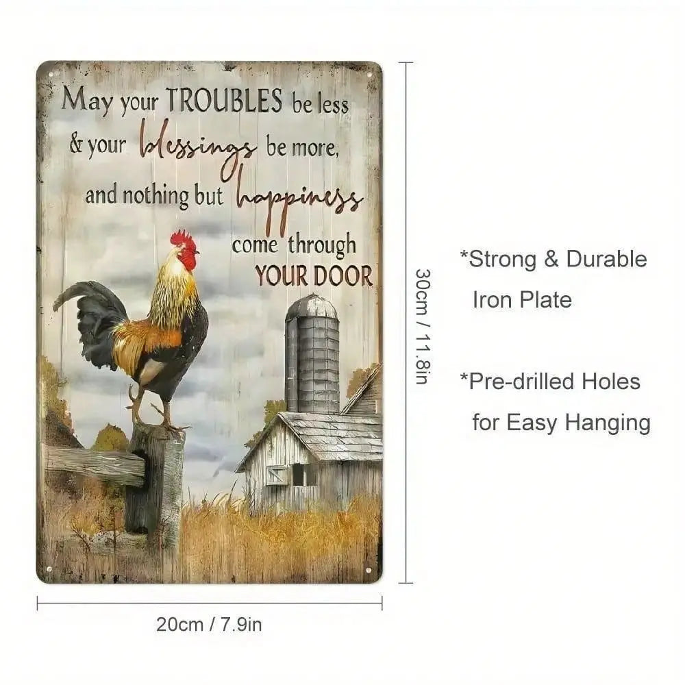 A rustic metal sign with a rooster and farmhouse illustration, shown with printed dimensions and hanging-hole text on a white background.