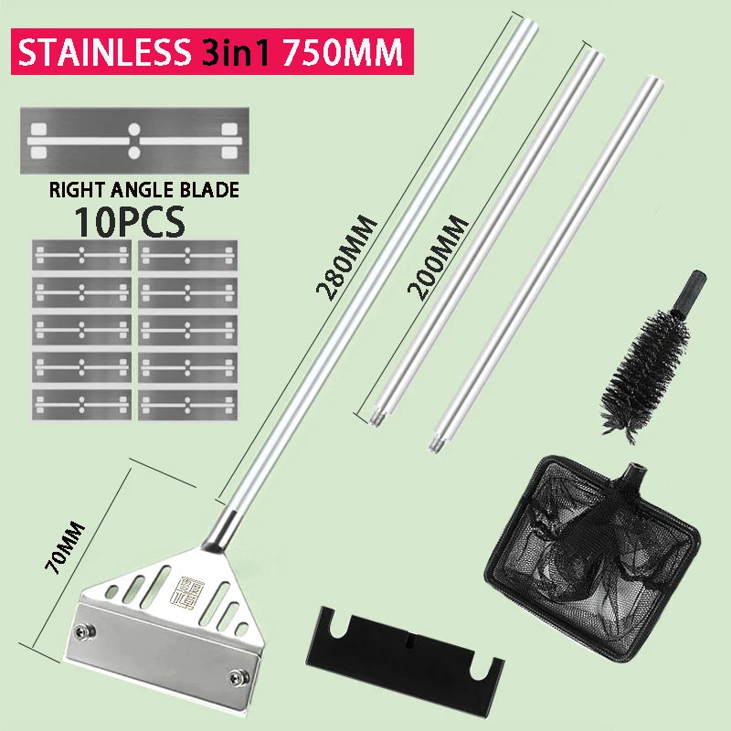 Stainless steel 3-in-1 sink cleaning tool set with 10 pieces, including a 750mm cleaning head, two extendable rods, a cleaning brush, a mesh scoop, and replacement blades, shown on a pale green background with text and dimension labels.