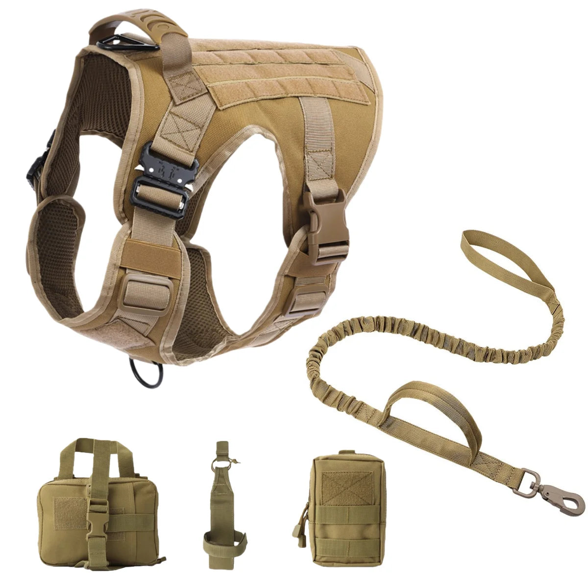 Tactical dog harness with leash and additional pouches on a white background