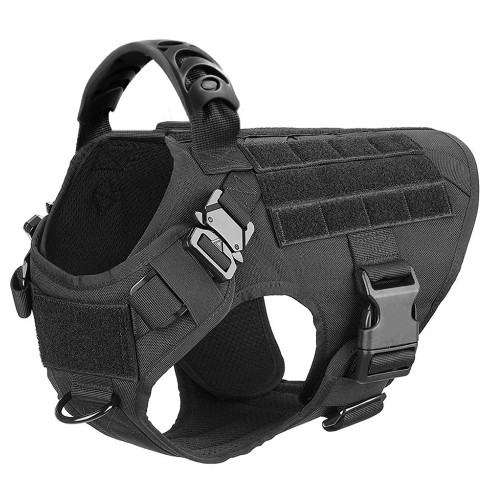 Black tactical dog harness on a white background