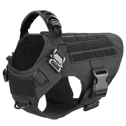 Black tactical dog harness on a white background
