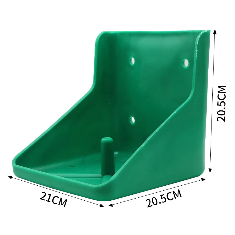 Green plastic wall-mounted shelf bracket with dimension markings showing 21cm width, 20.5cm depth, and 20.
