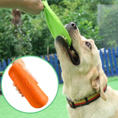 Dog playing with a green and orange toy, with a close-up of the toys.