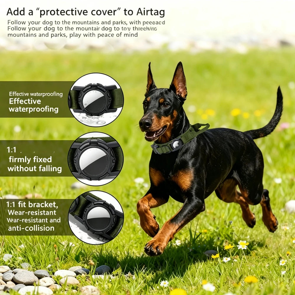A black and tan dog running through a grassy field wearing a green pet harness, with three circular inset close-ups showing the harness details and marketing text about waterproofing and fit.